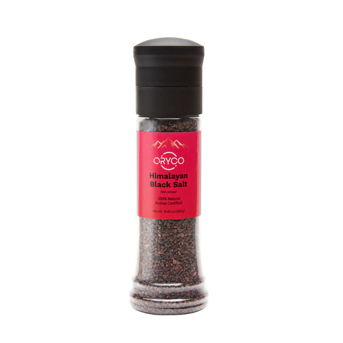 Himalayan black salt grinder with pink label on a white background
