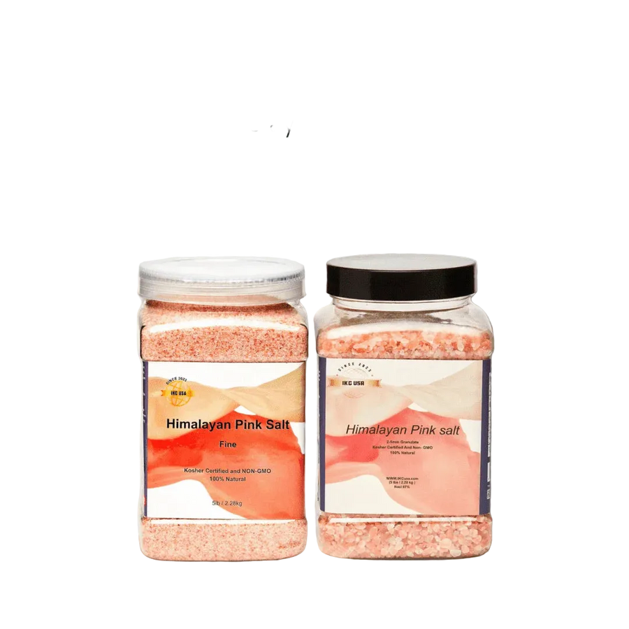 Two jars of Himalayan pink salt with a promotional offer on a white background