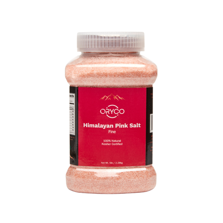 Jar of Oryco Himalayan Pink Salt on a white background