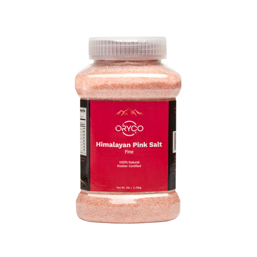 Jar of Oryco Himalayan Pink Salt on a white background