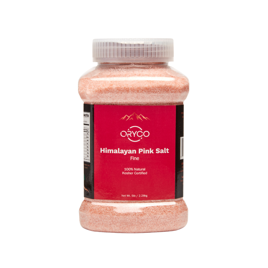Jar of Oryco Himalayan Pink Salt on a white background
