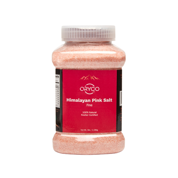 Jar of Oryco Himalayan Pink Salt on a white background