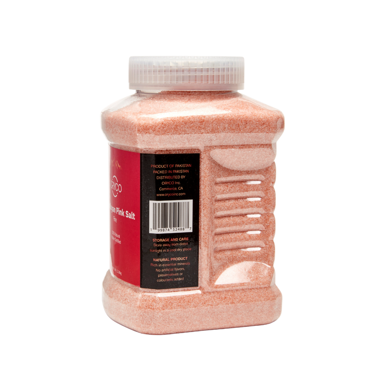 Pink salt container with a label on a white background