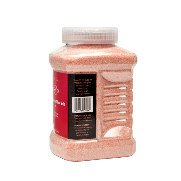 Pink salt container with a label on a white background