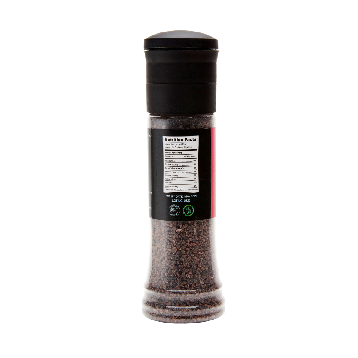 Black pepper grinder with label on a white background