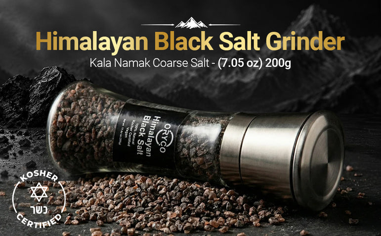 ORYCO Himalayan Black Salt Coarse Glass Refillable Grinder – 7.05 oz (Kala Namak)