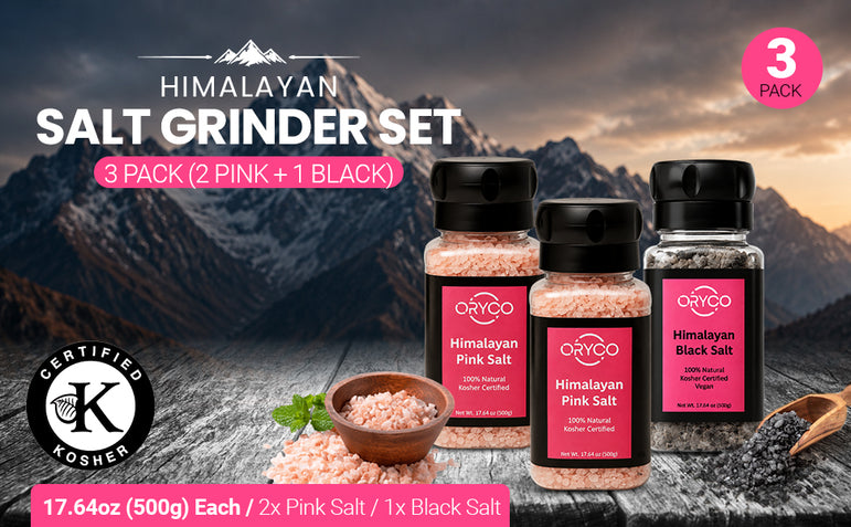 ORYCO Himalayan Salt Grinder Bundle – 2 Pink & 1 Black (17.64 oz Each)