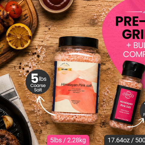 ORYCO Himalayan Pink Salt Bundle – 5 lb Jar & 17.64 oz Coarse Grinder