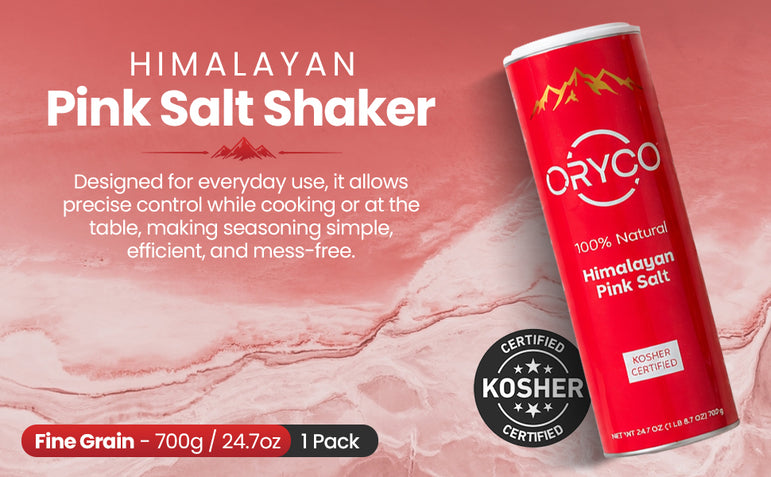 Oryco Himalayan Pink Salt Shaker on a pink background with text about its use and certification