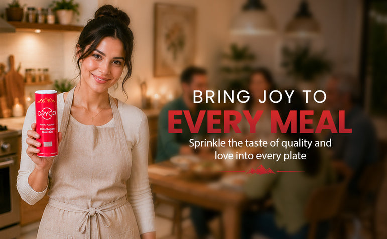 Woman holding a can of Oxyco seasoning in a kitchen with text overlay