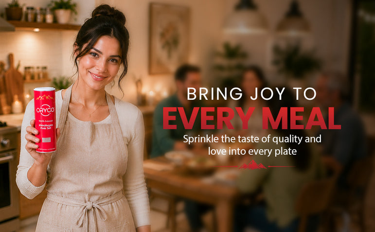 Woman holding a can of Oxyco seasoning in a kitchen with text overlay