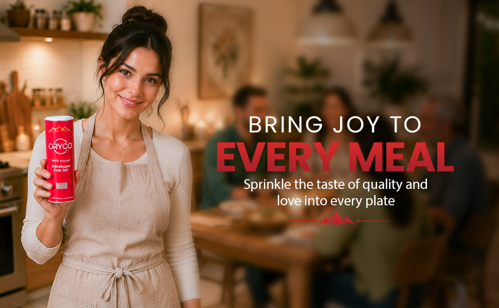 Woman holding a can of Oxyco seasoning in a kitchen with text overlay