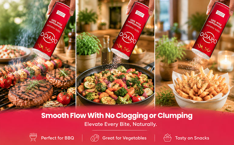 Red seasoning container being used on food with text about its benefits.