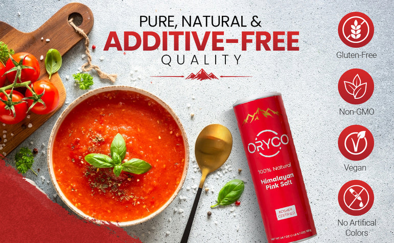 Tomato soup with a can labeled 'Oryco' on a light gray background, featuring health benefits icons