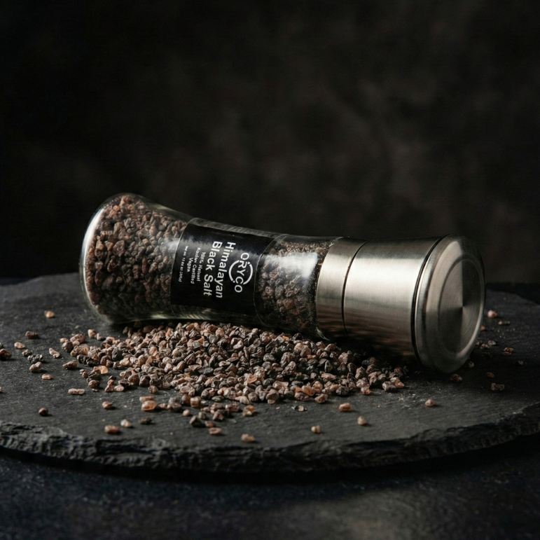 Pepper grinder with black pepper on a dark surface