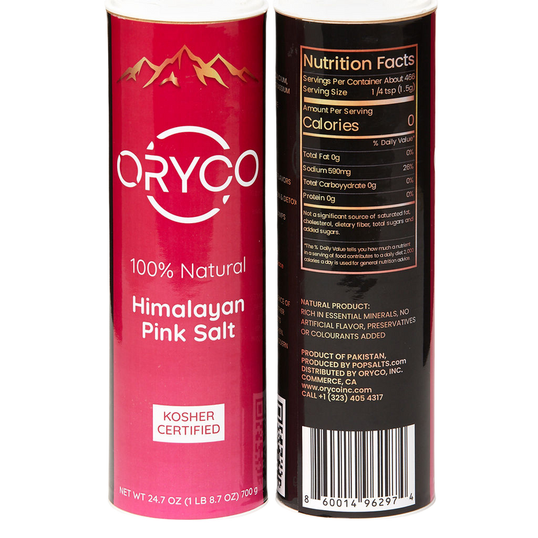 Himalayan Pink Salt container with red and black design on a white background