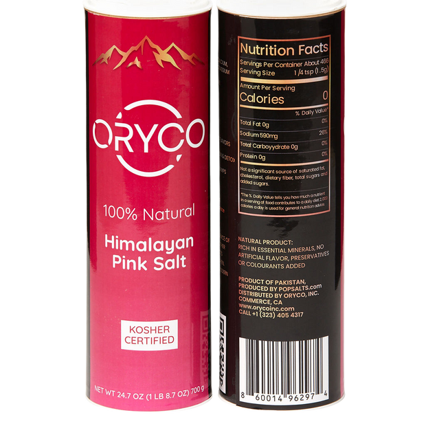 Himalayan Pink Salt container with red and black design on a white background